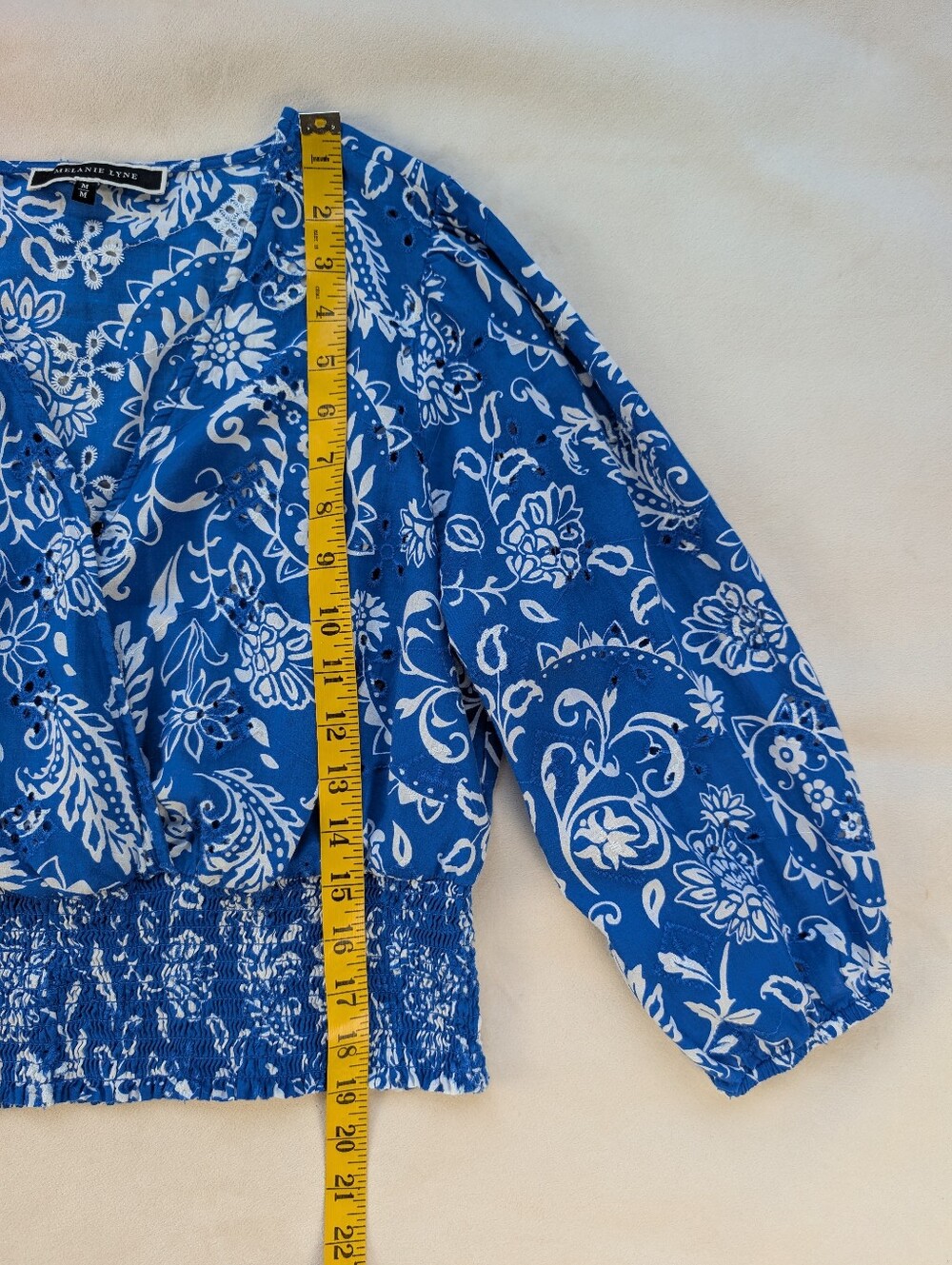 Melanie Lyne Paisley Smocked Waist Blouse Blue White Size M - Picture 12 of 17